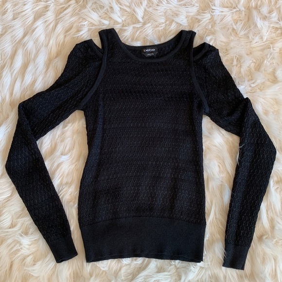 Bebe Black Cut Out Shoulder Long Sleeve Sweater with Silver Metallic Yarn Size M - Picture 3 of 10